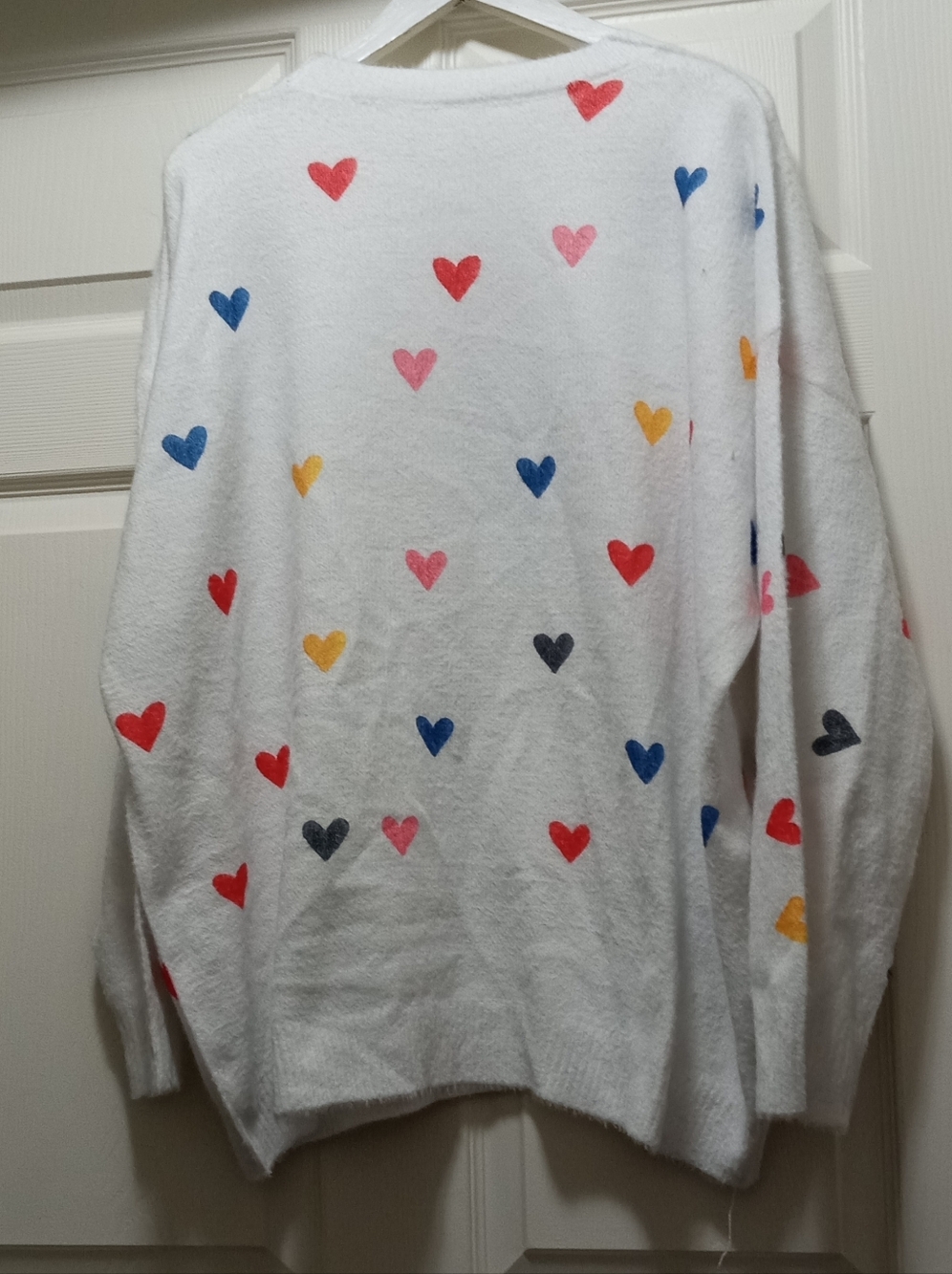 Chicwish Cozy White Heart-Design Fuzzy Sweater-Pink, Yellow, Gray, Orange Hearts